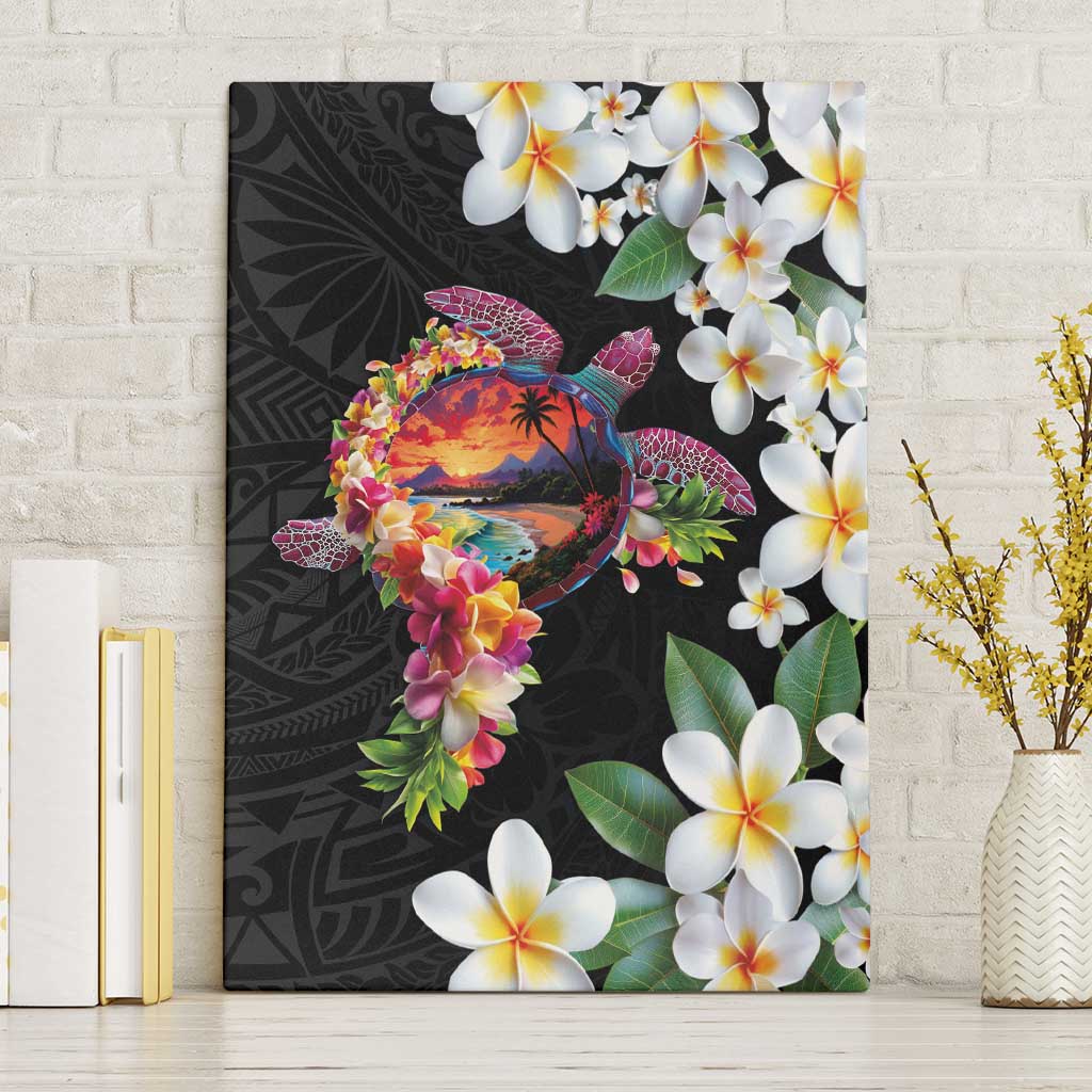 Hawaiian Lei Day Canvas Wall Art Plumeria and Turtle with Polynesian Tribal Pattern LT03 Without Frame Black - Polynesian Pride