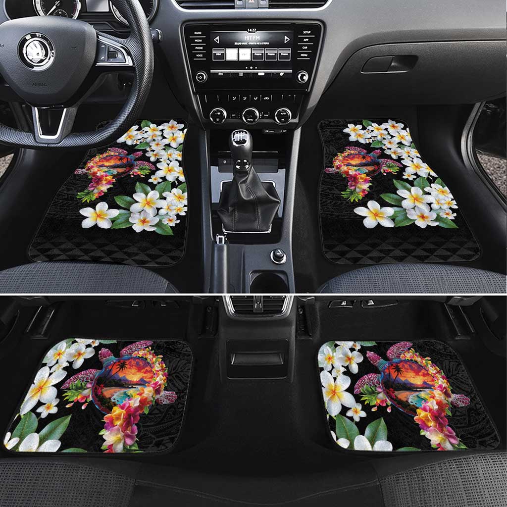 Hawaiian Lei Day Car Mats Plumeria and Turtle with Polynesian Tribal Pattern LT03 Set 4pcs Black - Polynesian Pride