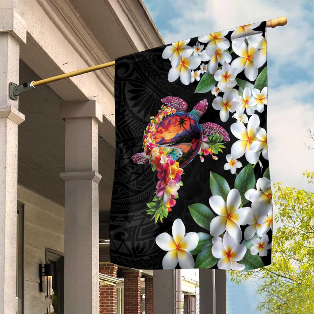 Hawaiian Lei Day Garden Flag Plumeria and Turtle with Polynesian Tribal Pattern LT03 House Flag Black - Polynesian Pride