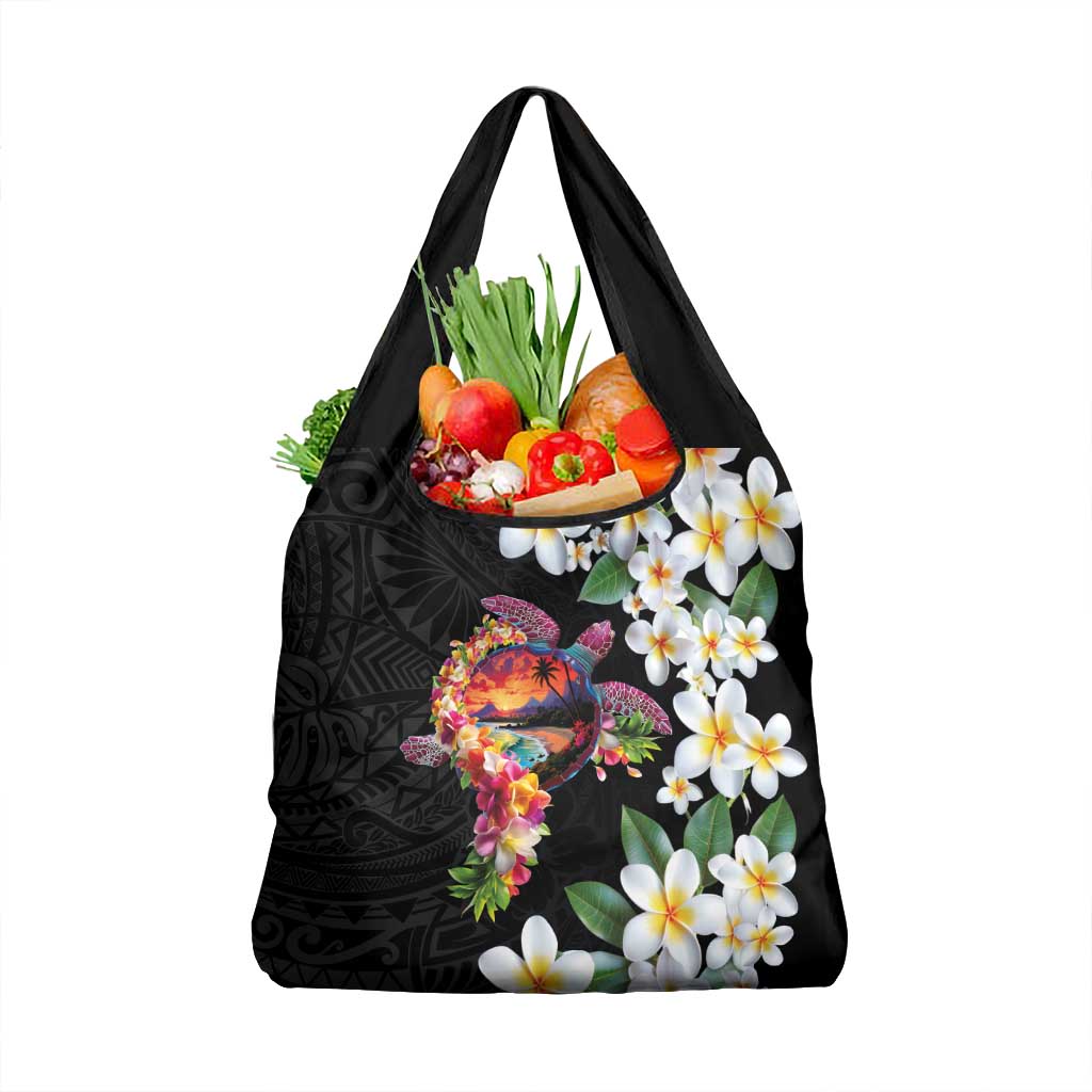 Hawaiian Lei Day Grocery Bag Plumeria and Turtle with Polynesian Tribal Pattern LT03 1-pack One Size Black - Polynesian Pride