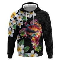 Hawaiian Lei Day Hoodie Plumeria and Turtle with Polynesian Tribal Pattern LT03 Pullover Hoodie Black - Polynesian Pride