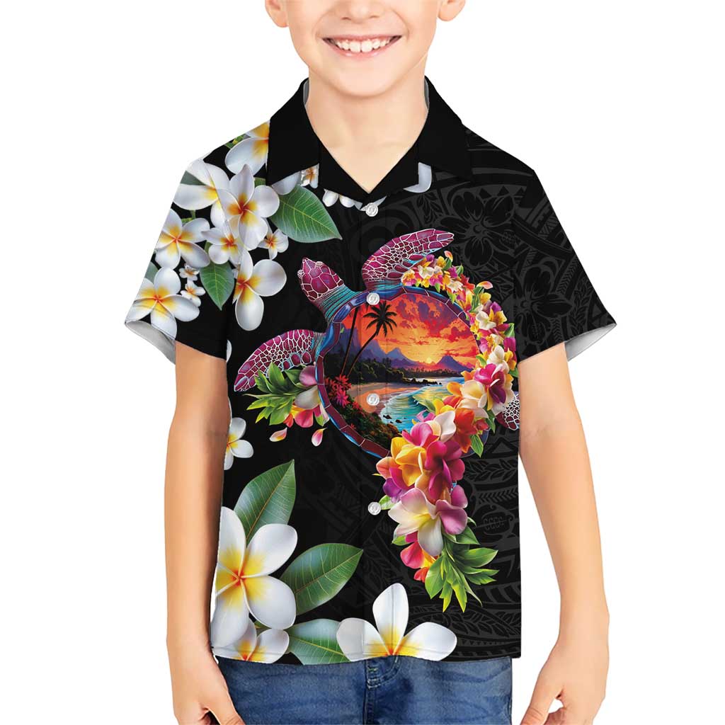 Hawaiian Lei Day Kid Hawaiian Shirt Plumeria and Turtle with Polynesian Tribal Pattern LT03 Kid Black - Polynesian Pride
