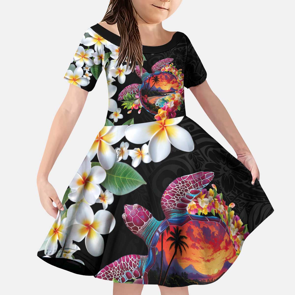 Hawaiian Lei Day Kid Short Sleeve Dress Plumeria and Turtle with Polynesian Tribal Pattern LT03 KID Black - Polynesian Pride