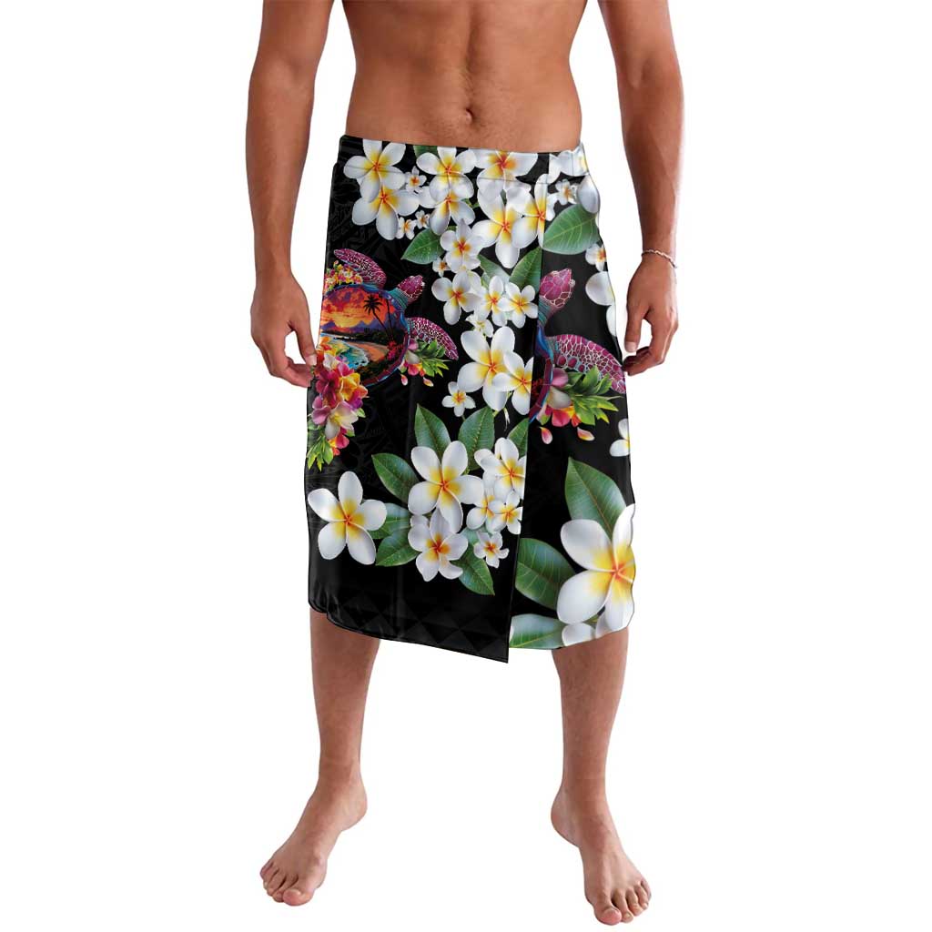 Hawaiian Lei Day Lavalava Plumeria and Turtle with Polynesian Tribal Pattern LT03 Black - Polynesian Pride