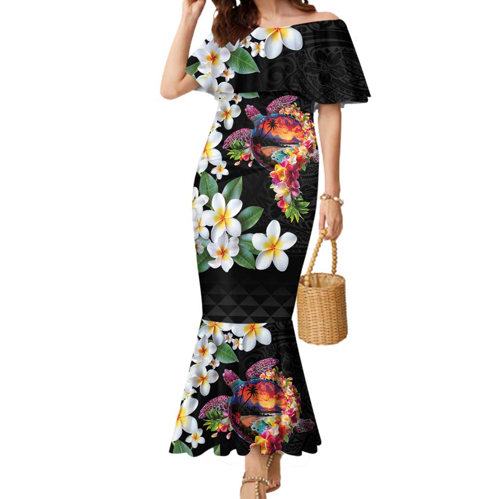 Hawaiian Lei Day Mermaid Dress Plumeria and Turtle with Polynesian Tribal Pattern LT03 Women Black - Polynesian Pride