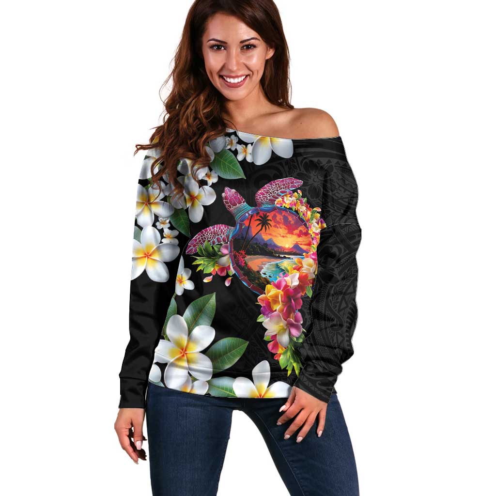 Hawaiian Lei Day Off Shoulder Sweater Plumeria and Turtle with Polynesian Tribal Pattern LT03 Women Black - Polynesian Pride