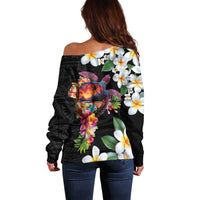 Hawaiian Lei Day Off Shoulder Sweater Plumeria and Turtle with Polynesian Tribal Pattern LT03 - Polynesian Pride
