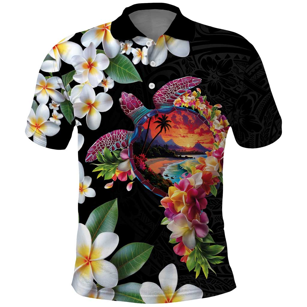 Hawaiian Lei Day Polo Shirt Plumeria and Turtle with Polynesian Tribal Pattern LT03 Black - Polynesian Pride