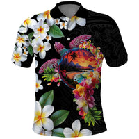 Hawaiian Lei Day Polo Shirt Plumeria and Turtle with Polynesian Tribal Pattern LT03 Black - Polynesian Pride
