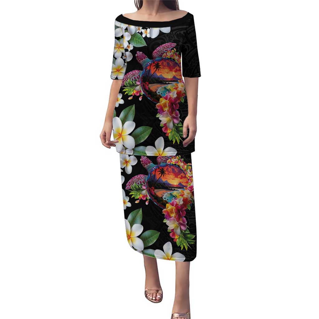 Hawaiian Lei Day Puletasi Plumeria and Turtle with Polynesian Tribal Pattern LT03 Long Dress Black - Polynesian Pride