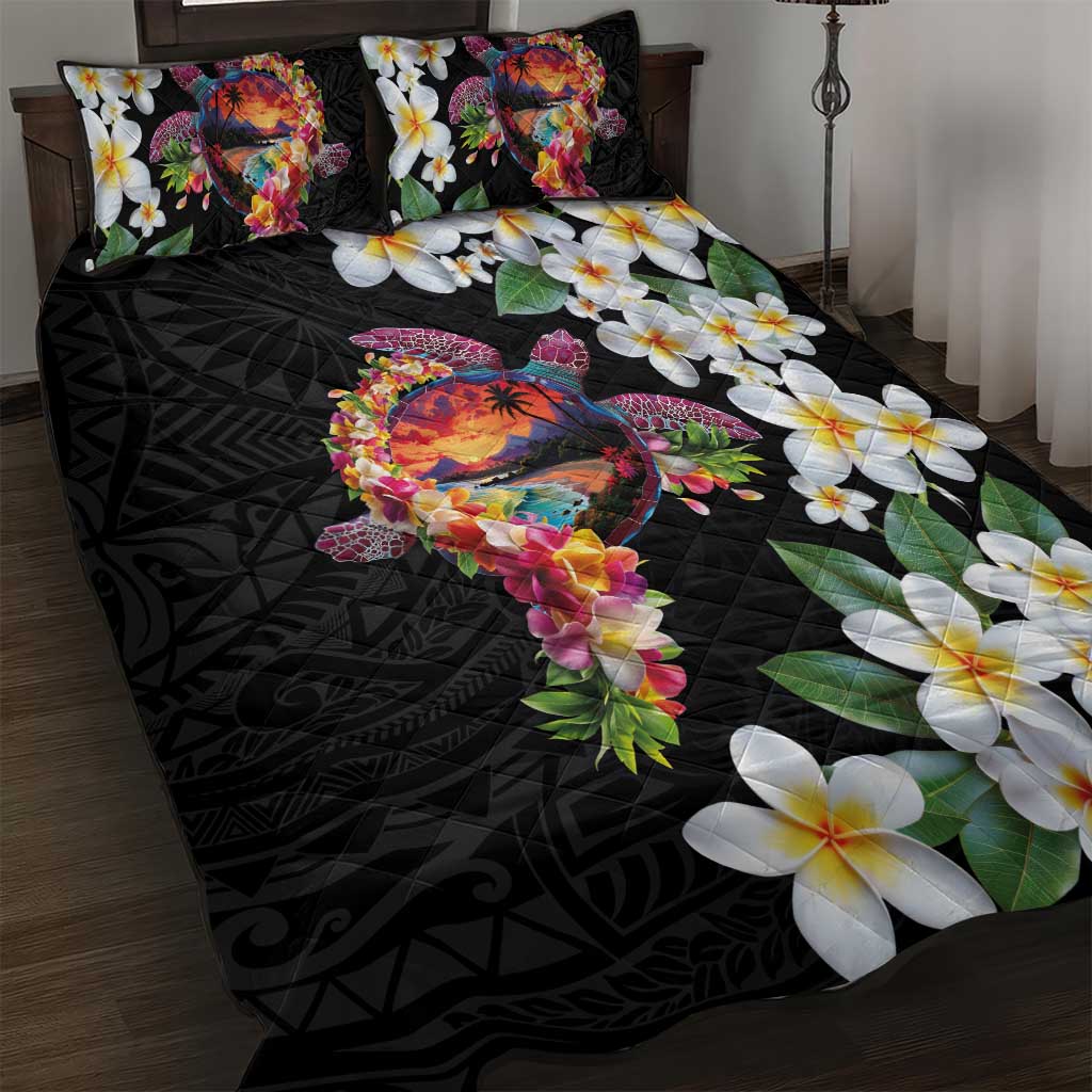 Hawaiian Lei Day Quilt Bed Set Plumeria and Turtle with Polynesian Tribal Pattern LT03 Black - Polynesian Pride