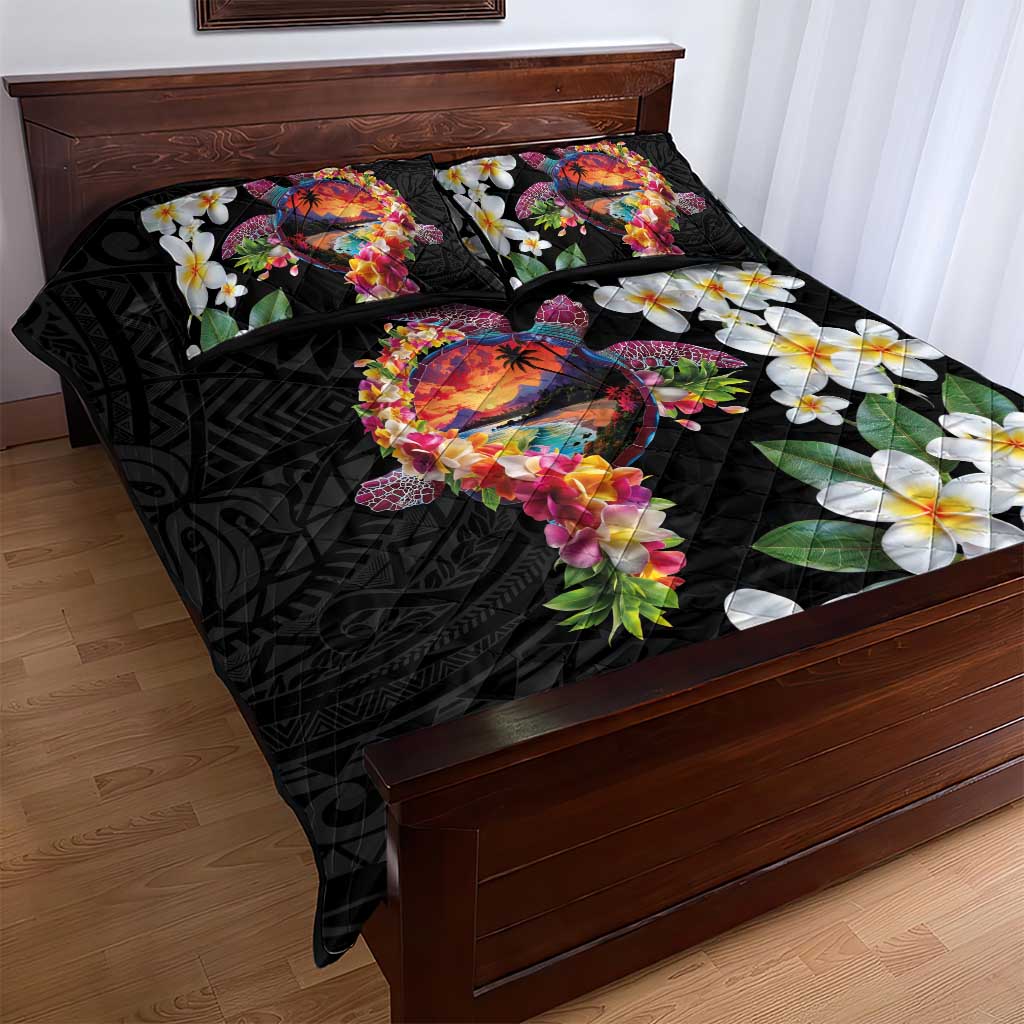 Hawaiian Lei Day Quilt Bed Set Plumeria and Turtle with Polynesian Tribal Pattern LT03 - Polynesian Pride