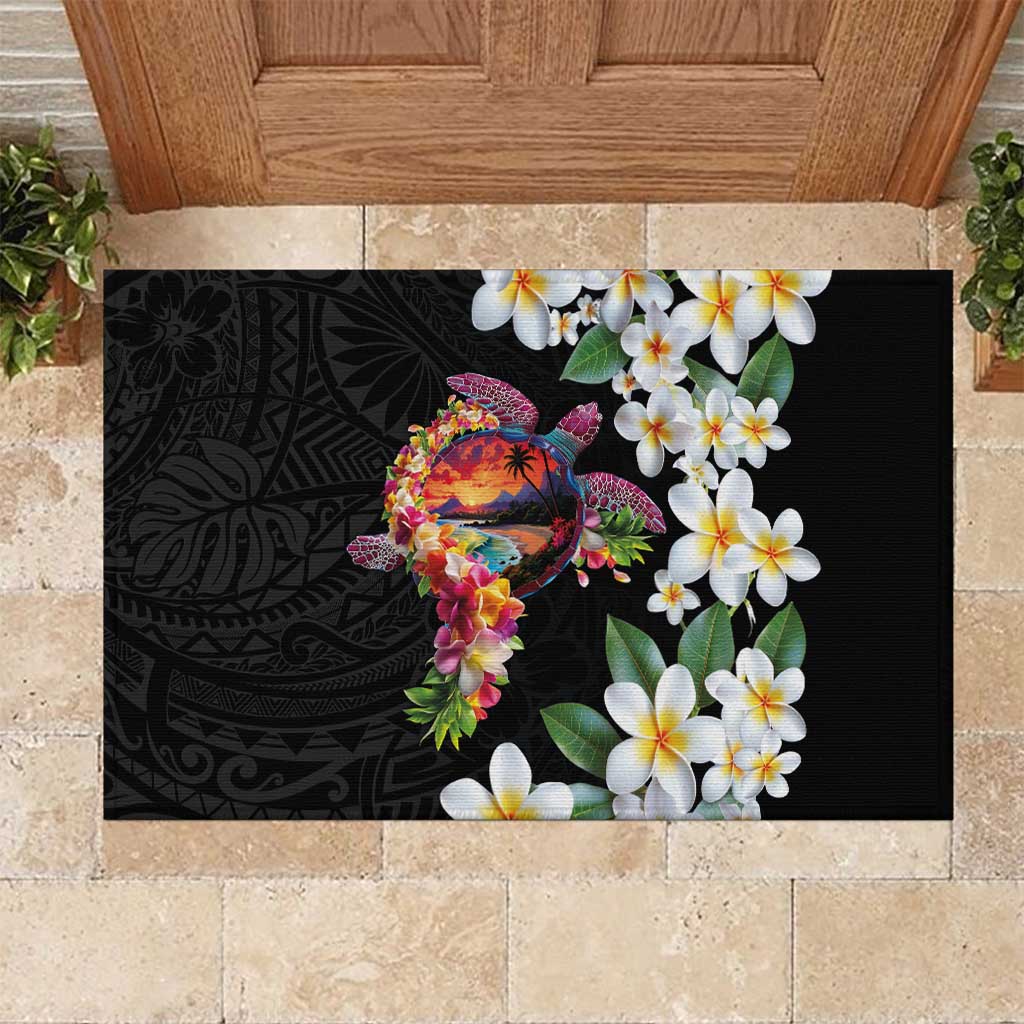 Hawaiian Lei Day Rubber Doormat Plumeria and Turtle with Polynesian Tribal Pattern LT03 Black - Polynesian Pride