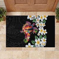 Hawaiian Lei Day Rubber Doormat Plumeria and Turtle with Polynesian Tribal Pattern LT03 Black - Polynesian Pride