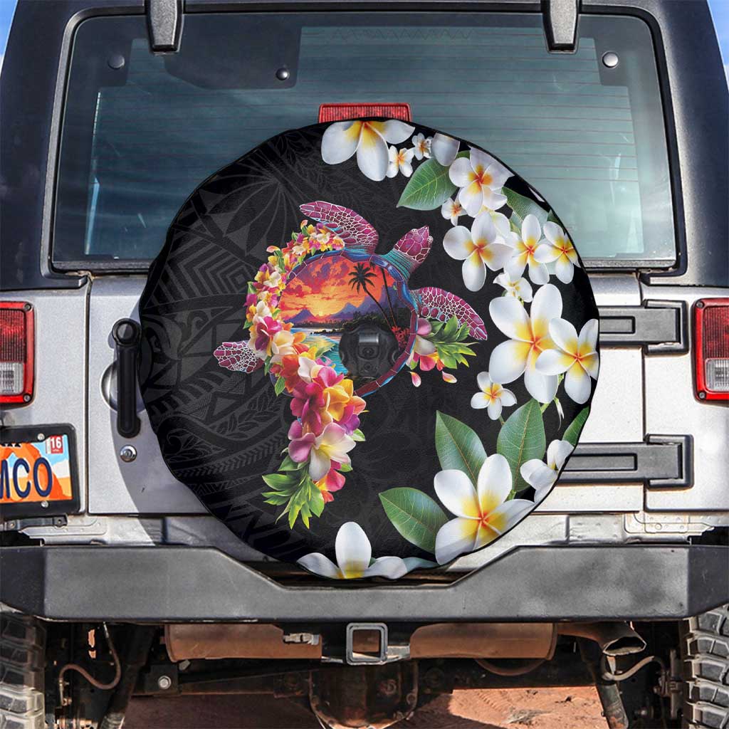 Hawaiian Lei Day Spare Tire Cover Plumeria and Turtle with Polynesian Tribal Pattern LT03 Black - Polynesian Pride