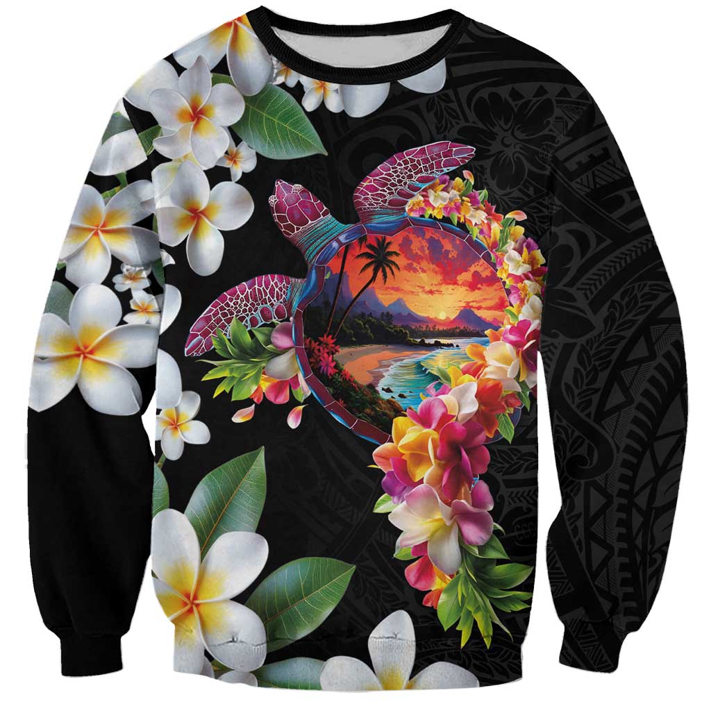 Hawaiian Lei Day Sweatshirt Plumeria and Turtle with Polynesian Tribal Pattern LT03 Unisex Black - Polynesian Pride