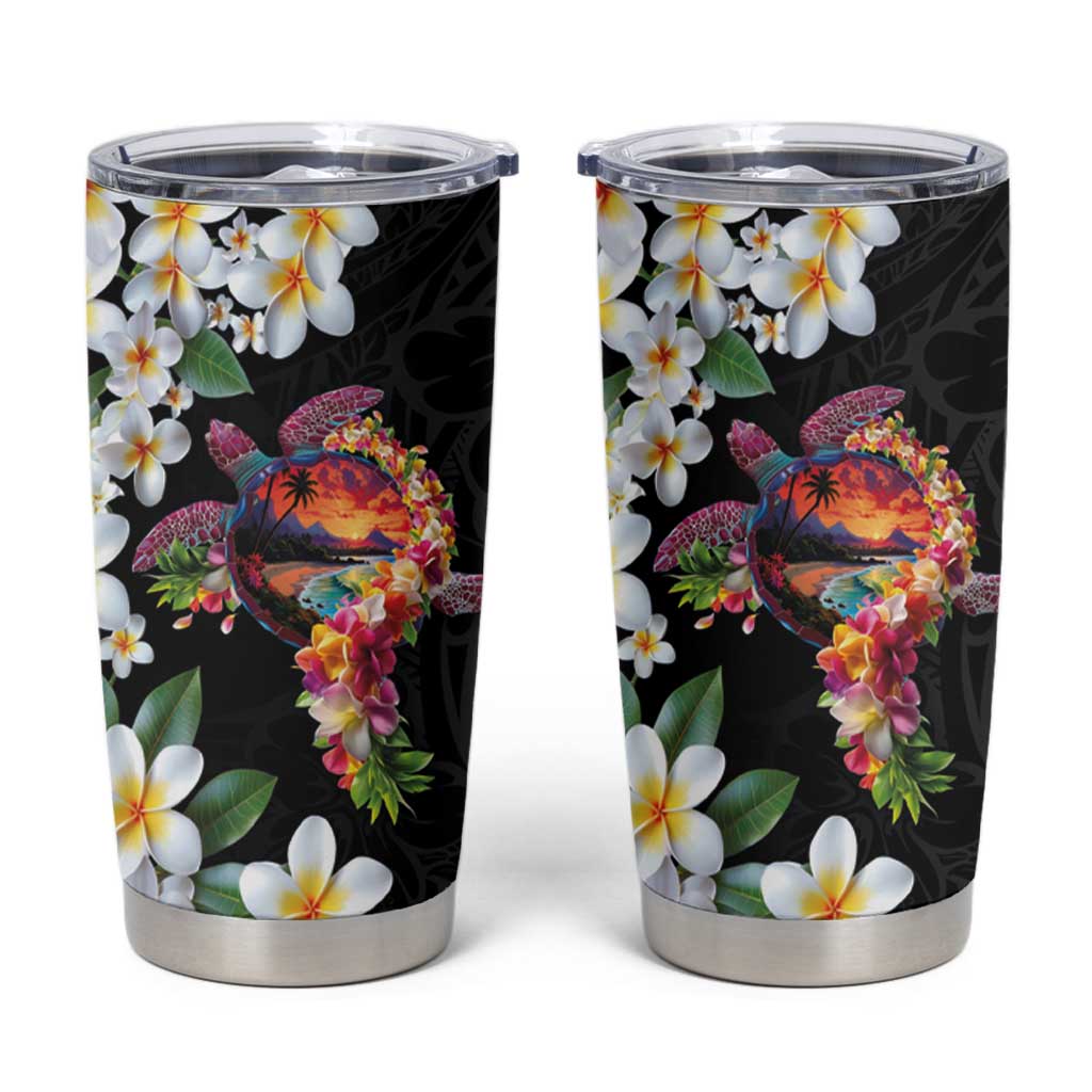 Hawaiian Lei Day Tumbler Cup Plumeria and Turtle with Polynesian Tribal Pattern LT03 Black - Polynesian Pride