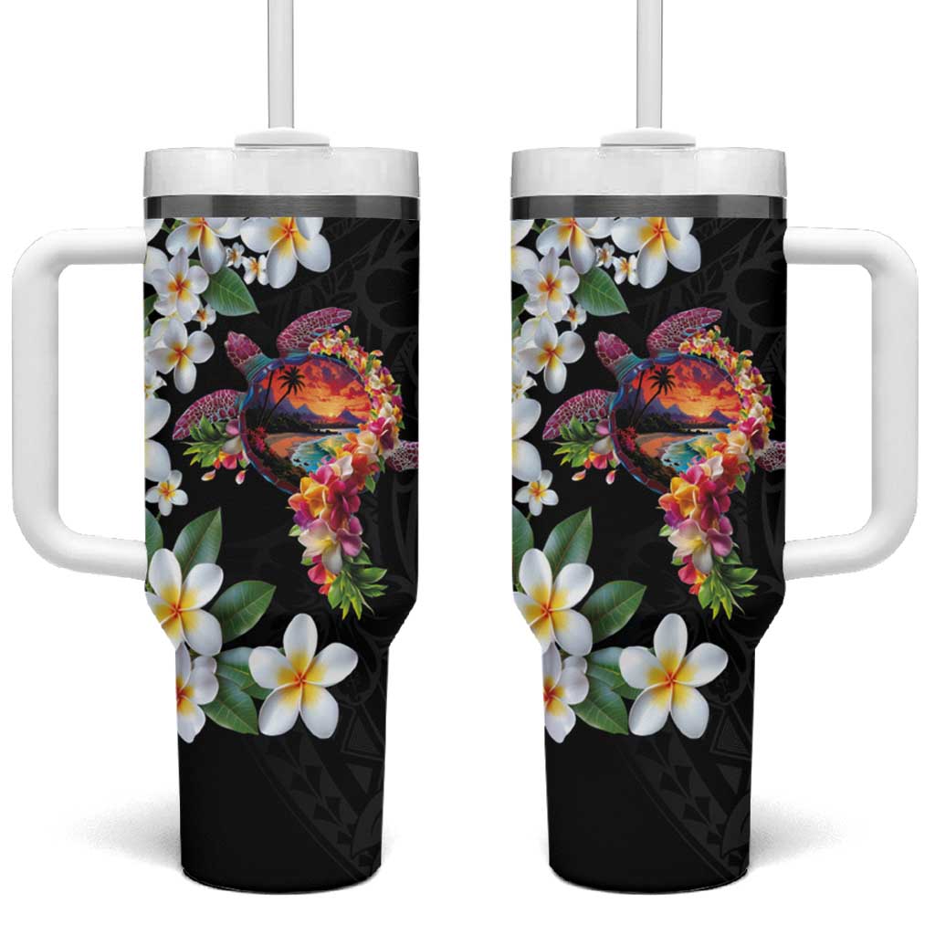 Hawaiian Lei Day Tumbler With Handle Plumeria and Turtle with Polynesian Tribal Pattern LT03 One Size: 40 oz Black - Polynesian Pride