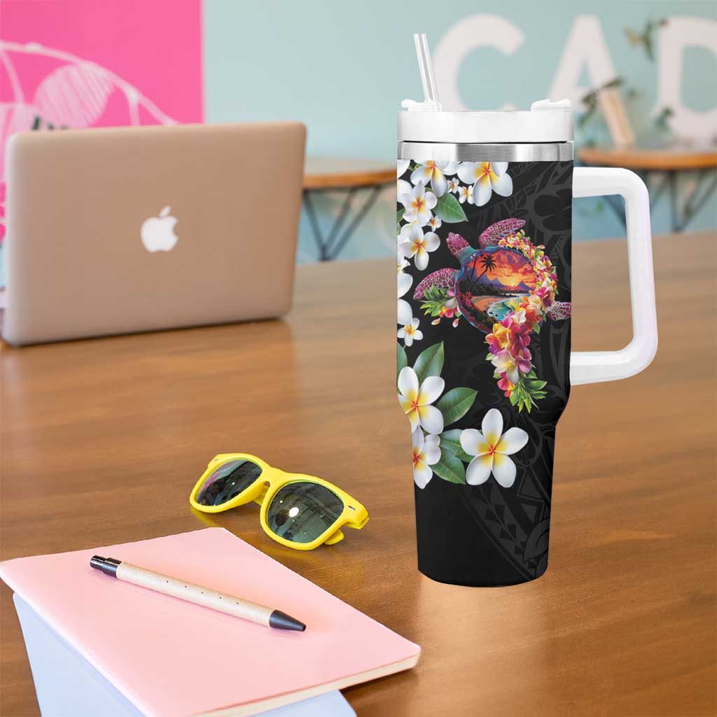 Hawaiian Lei Day Tumbler With Handle Plumeria and Turtle with Polynesian Tribal Pattern LT03 - Polynesian Pride