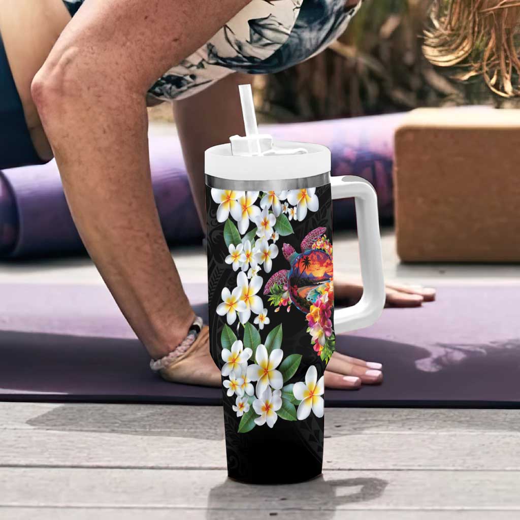 Hawaiian Lei Day Tumbler With Handle Plumeria and Turtle with Polynesian Tribal Pattern LT03 - Polynesian Pride