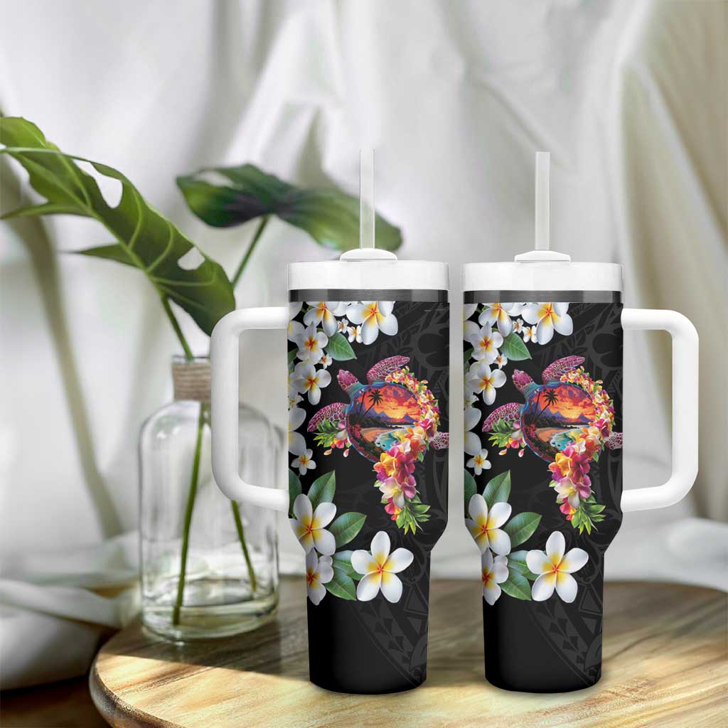 Hawaiian Lei Day Tumbler With Handle Plumeria and Turtle with Polynesian Tribal Pattern LT03 - Polynesian Pride