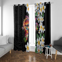 Hawaiian Lei Day Window Curtain Plumeria and Turtle with Polynesian Tribal Pattern LT03 With Grommets Black - Polynesian Pride