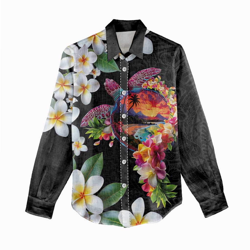 Hawaiian Lei Day Women Casual Shirt Plumeria and Turtle with Polynesian Tribal Pattern LT03 - Polynesian Pride