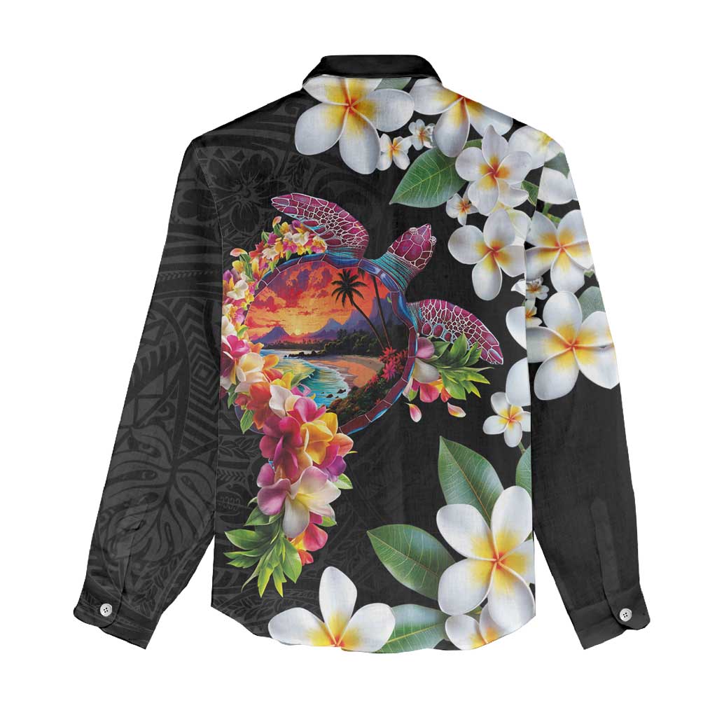 Hawaiian Lei Day Women Casual Shirt Plumeria and Turtle with Polynesian Tribal Pattern LT03 - Polynesian Pride