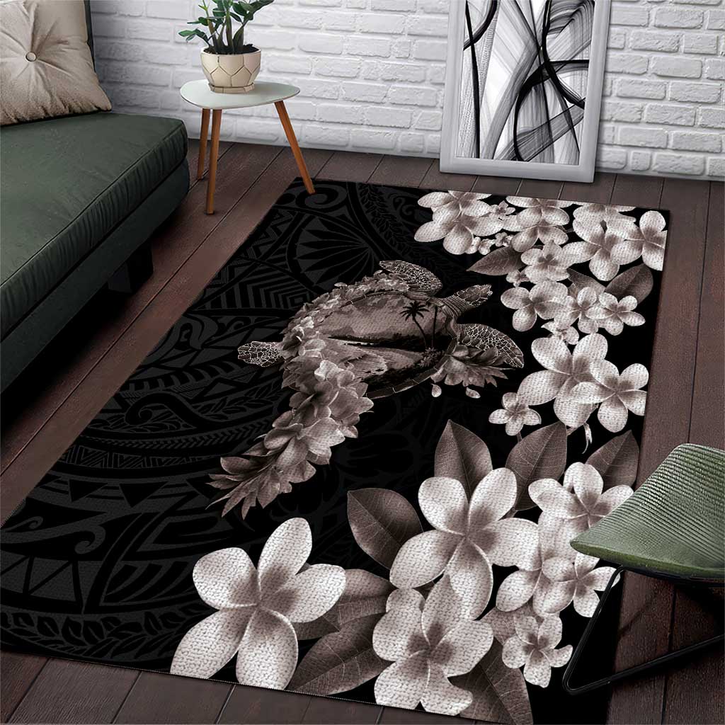 Hawaiian Lei Day Area Rug Plumeria and Turtle with Polynesian Tribal Pattern Grayscale Color LT03 Black - Polynesian Pride