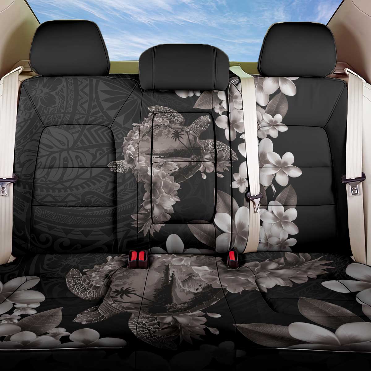 Hawaiian Lei Day Back Car Seat Cover Plumeria and Turtle with Polynesian Tribal Pattern Grayscale Color LT03 One Size Black - Polynesian Pride