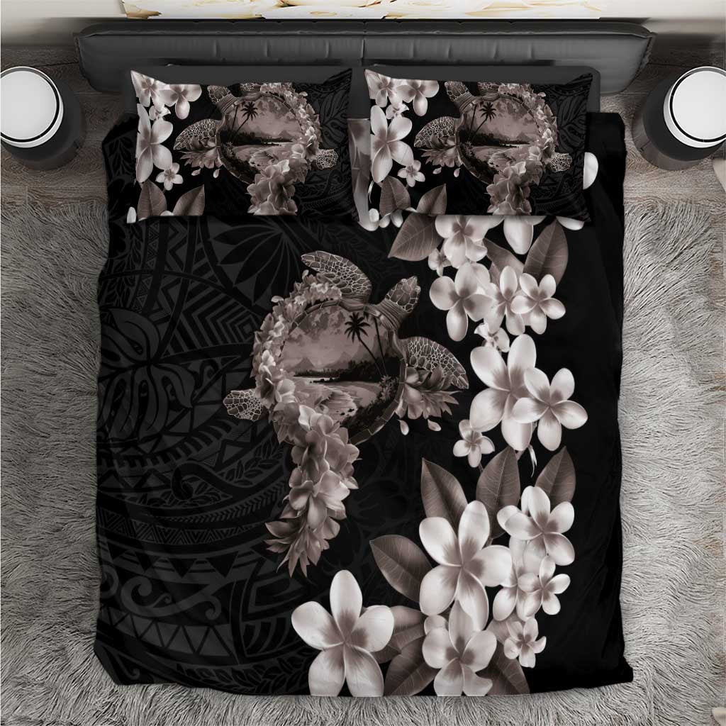 Hawaiian Lei Day Bedding Set Plumeria and Turtle with Polynesian Tribal Pattern Grayscale Color LT03 Black - Polynesian Pride