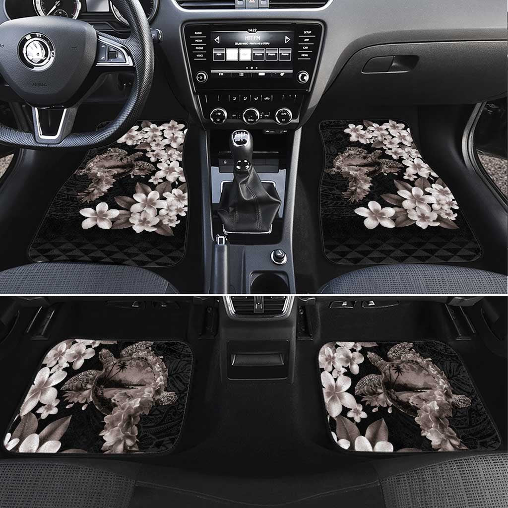 Hawaiian Lei Day Car Mats Plumeria and Turtle with Polynesian Tribal Pattern Grayscale Color LT03 Set 4pcs Black - Polynesian Pride