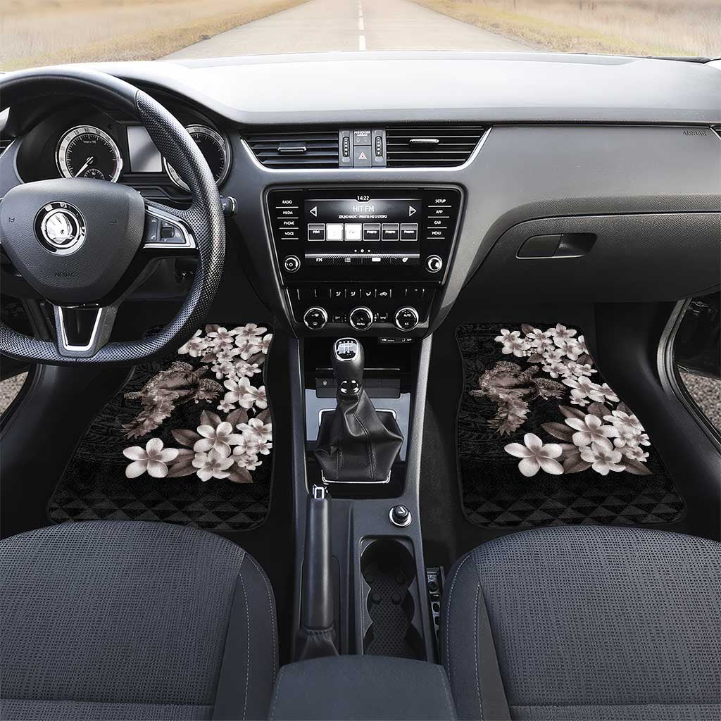 Hawaiian Lei Day Car Mats Plumeria and Turtle with Polynesian Tribal Pattern Grayscale Color LT03 Set 2pcs - Front Black - Polynesian Pride