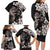 Hawaiian Lei Day Family Matching Long Sleeve Bodycon Dress and Hawaiian Shirt Plumeria and Turtle with Polynesian Tribal Pattern Grayscale Color