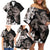 Hawaiian Lei Day Family Matching Off Shoulder Short Dress and Hawaiian Shirt Plumeria and Turtle with Polynesian Tribal Pattern Grayscale Color