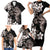 Hawaiian Lei Day Family Matching Short Sleeve Bodycon Dress and Hawaiian Shirt Plumeria and Turtle with Polynesian Tribal Pattern Grayscale Color