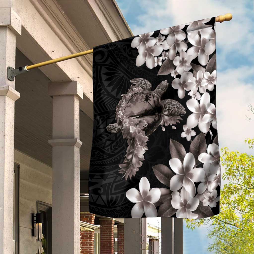 Hawaiian Lei Day Garden Flag Plumeria and Turtle with Polynesian Tribal Pattern Grayscale Color LT03 House Flag Black - Polynesian Pride