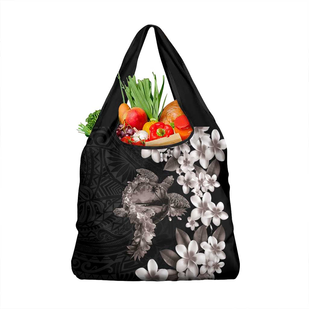Hawaiian Lei Day Grocery Bag Plumeria and Turtle with Polynesian Tribal Pattern Grayscale Color LT03 1-pack One Size Black - Polynesian Pride