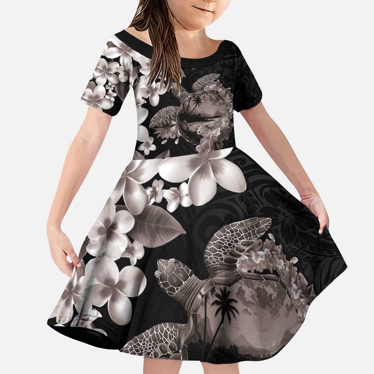 Hawaiian Lei Day Kid Short Sleeve Dress Plumeria and Turtle with Polynesian Tribal Pattern Grayscale Color LT03 KID Black - Polynesian Pride