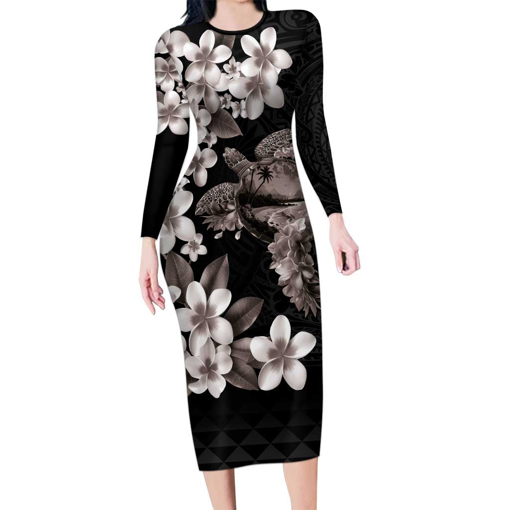 Hawaiian Lei Day Long Sleeve Bodycon Dress Plumeria and Turtle with Polynesian Tribal Pattern Grayscale Color LT03 Long Dress Black - Polynesian Pride