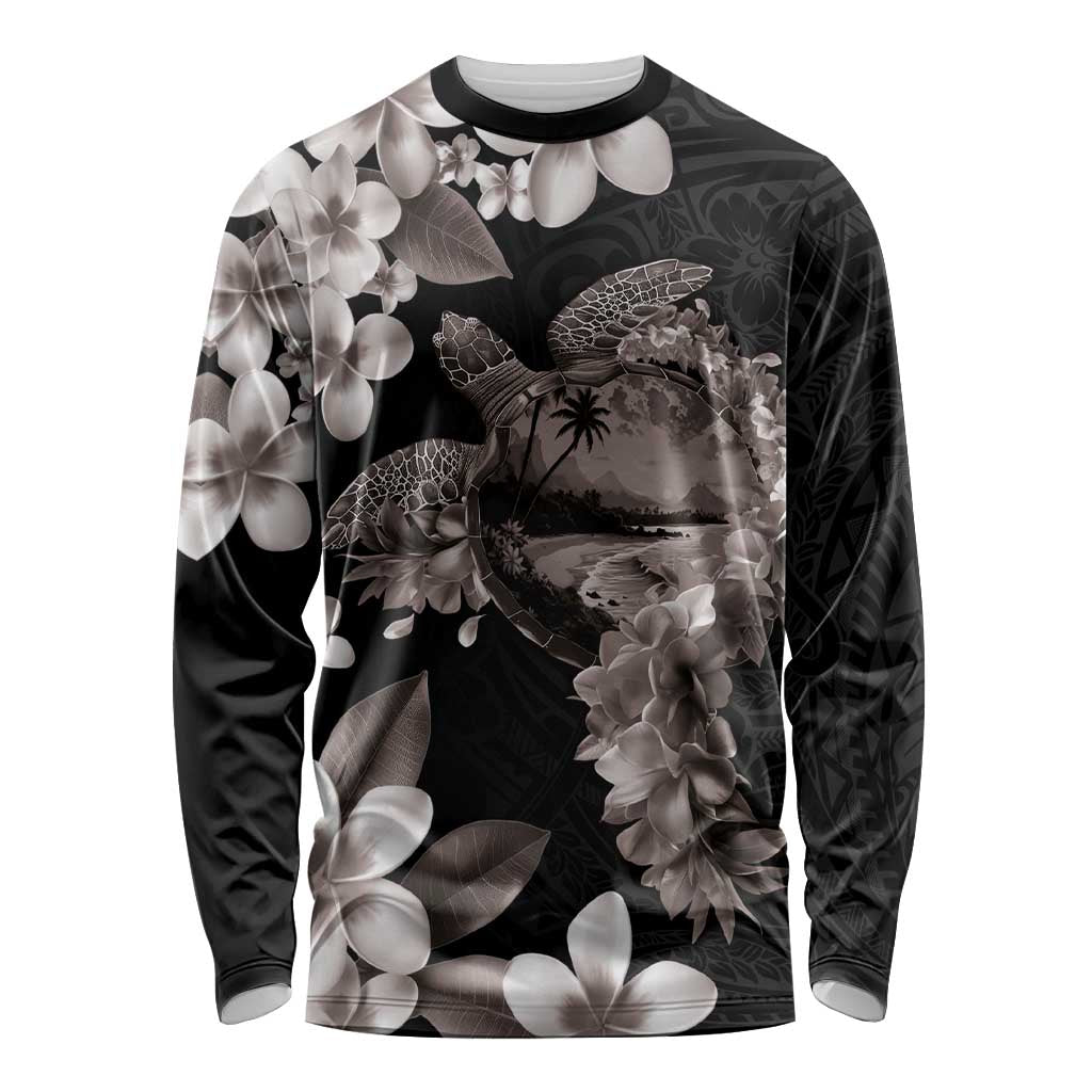Hawaiian Lei Day Long Sleeve Shirt Plumeria and Turtle with Polynesian Tribal Pattern Grayscale Color LT03 Unisex Black - Polynesian Pride