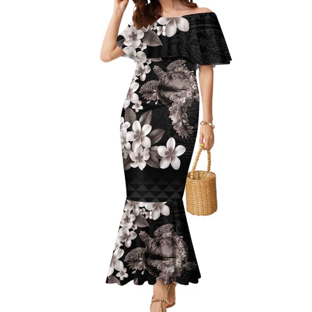 Hawaiian Lei Day Mermaid Dress Plumeria and Turtle with Polynesian Tribal Pattern Grayscale Color LT03 Women Black - Polynesian Pride