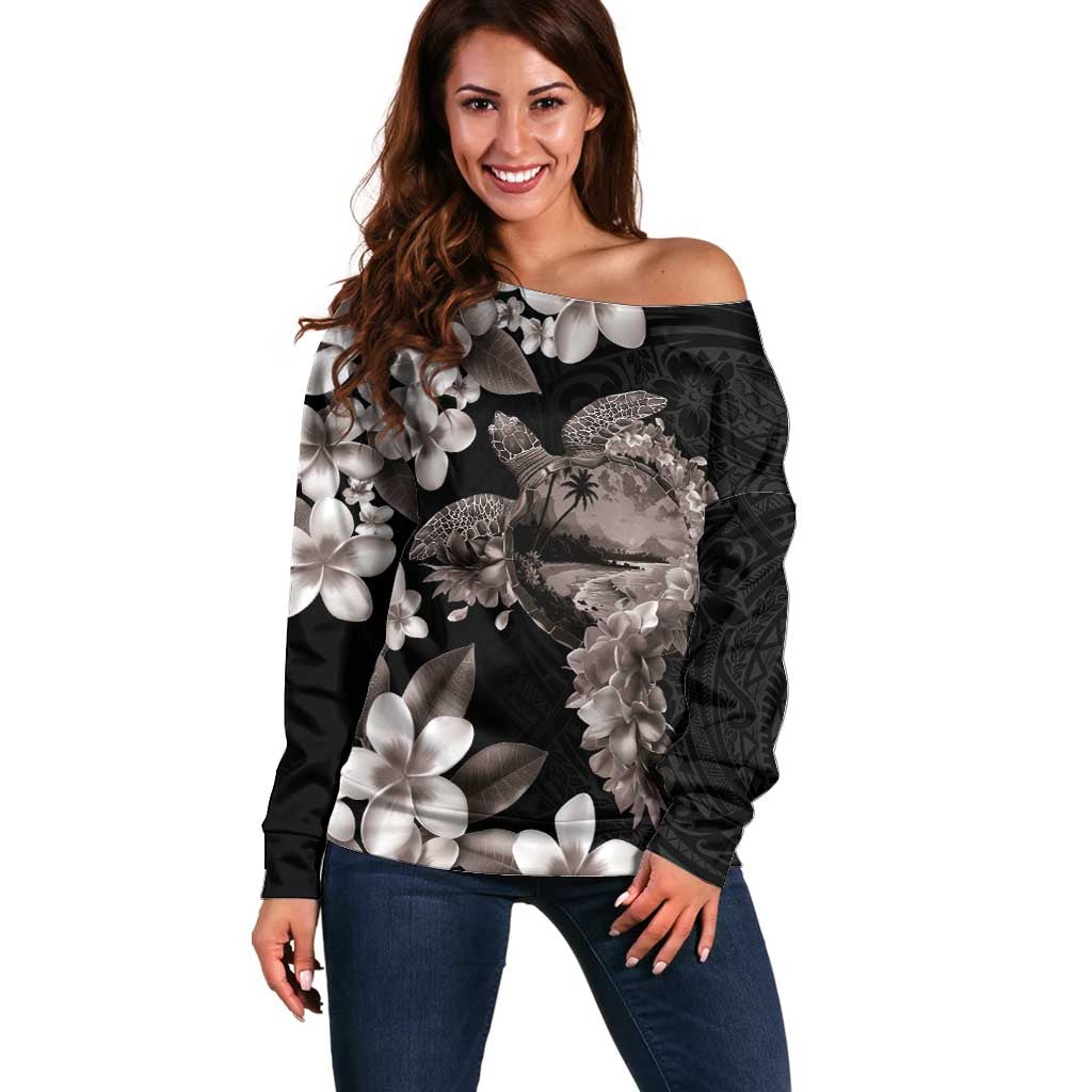 Hawaiian Lei Day Off Shoulder Sweater Plumeria and Turtle with Polynesian Tribal Pattern Grayscale Color LT03 Women Black - Polynesian Pride