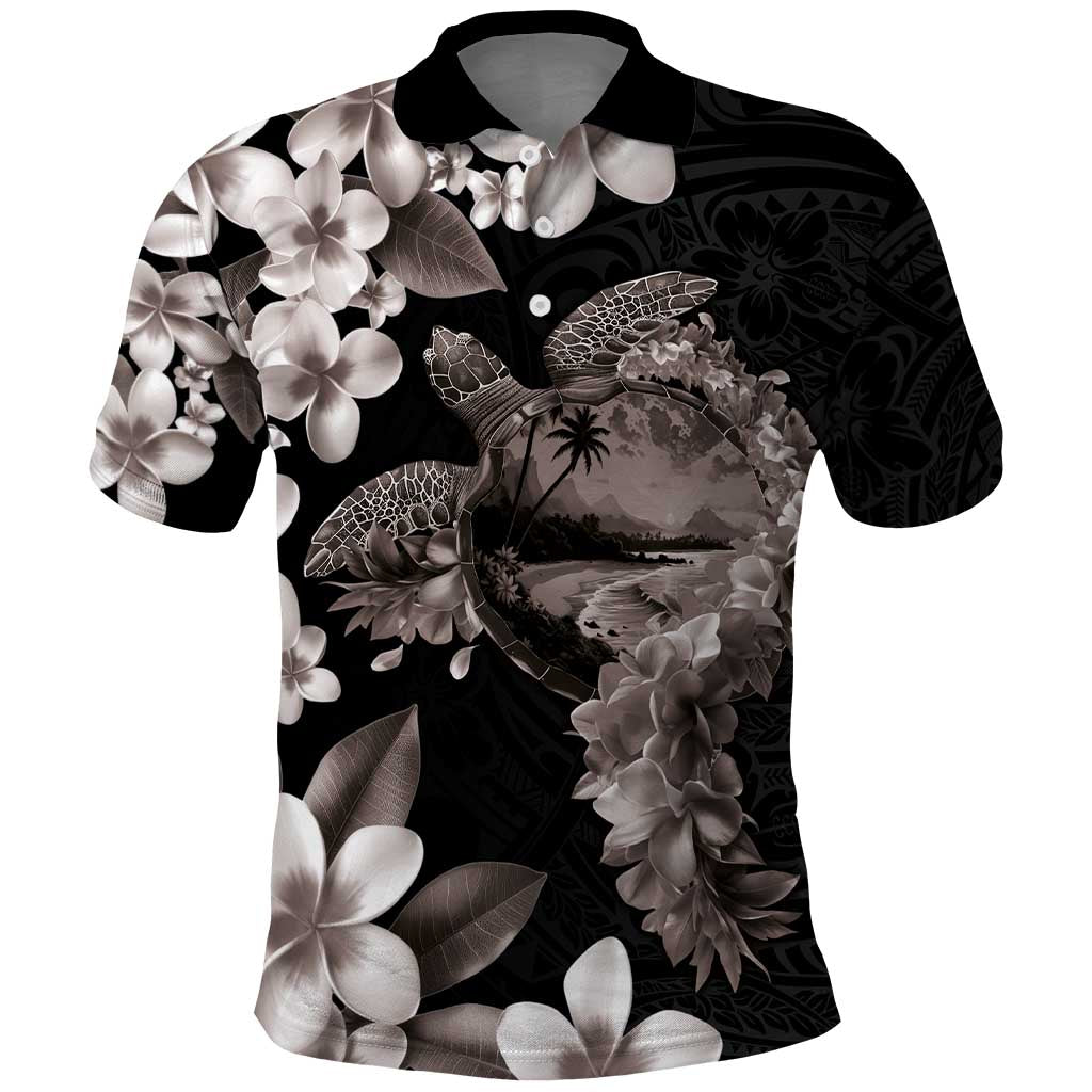 Hawaiian Lei Day Polo Shirt Plumeria and Turtle with Polynesian Tribal Pattern Grayscale Color LT03 Black - Polynesian Pride