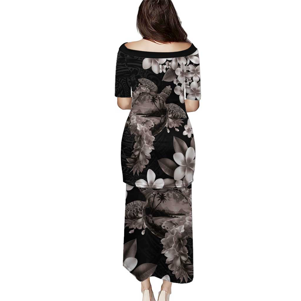 Hawaiian Lei Day Puletasi Plumeria and Turtle with Polynesian Tribal Pattern Grayscale Color LT03 - Polynesian Pride