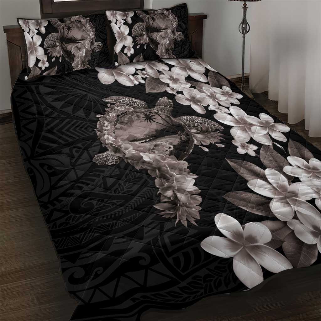 Hawaiian Lei Day Quilt Bed Set Plumeria and Turtle with Polynesian Tribal Pattern Grayscale Color LT03 Black - Polynesian Pride