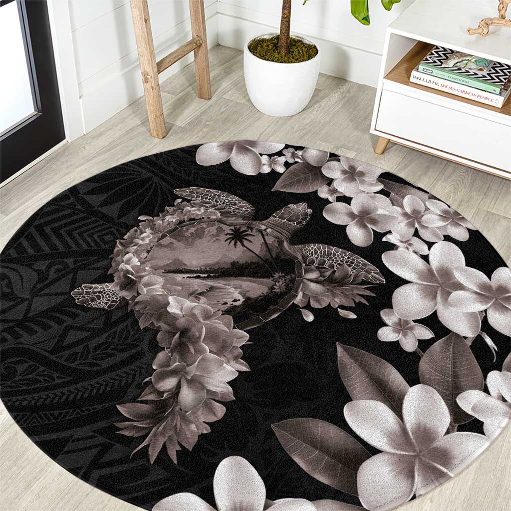 Hawaiian Lei Day Round Carpet Plumeria and Turtle with Polynesian Tribal Pattern Grayscale Color LT03 Black - Polynesian Pride