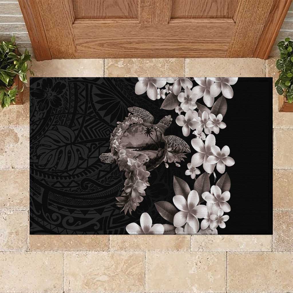 Hawaiian Lei Day Rubber Doormat Plumeria and Turtle with Polynesian Tribal Pattern Grayscale Color LT03 Black - Polynesian Pride