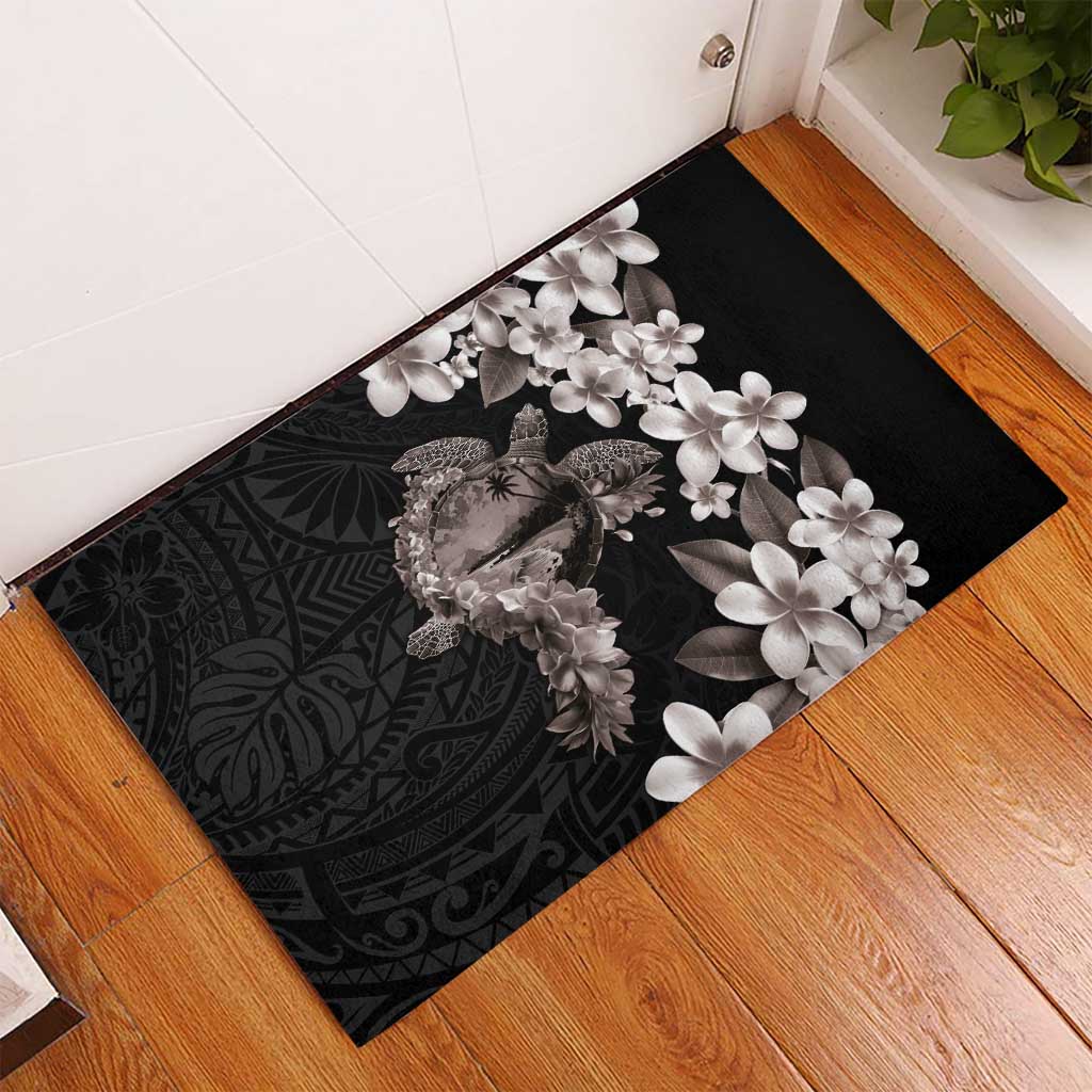 Hawaiian Lei Day Rubber Doormat Plumeria and Turtle with Polynesian Tribal Pattern Grayscale Color LT03 - Polynesian Pride