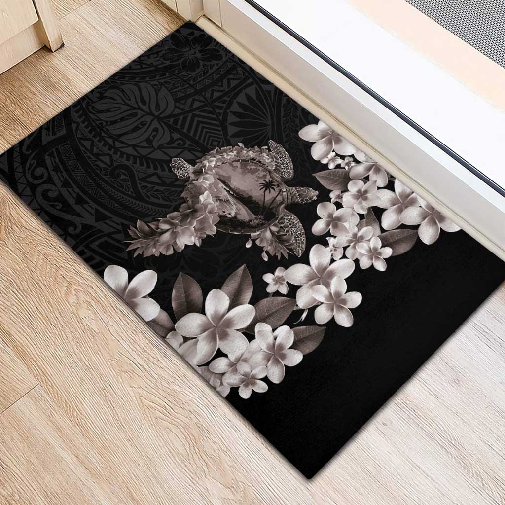 Hawaiian Lei Day Rubber Doormat Plumeria and Turtle with Polynesian Tribal Pattern Grayscale Color LT03 - Polynesian Pride